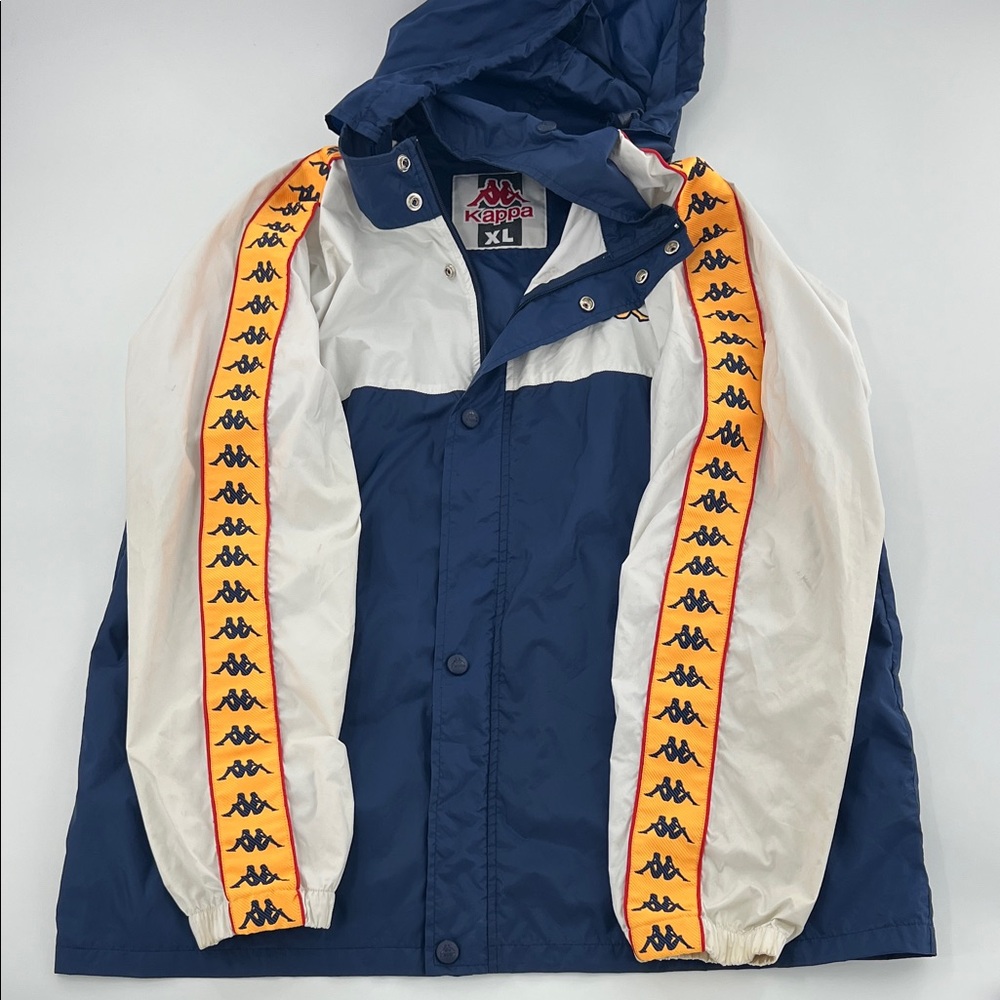Kappa Navy, White & Yellow Hooded Track‎ Jacket streetwear vintage retro 90s XL